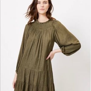 Ann Taylor LOFT Smocked Yoke Olive Green Swing Dress